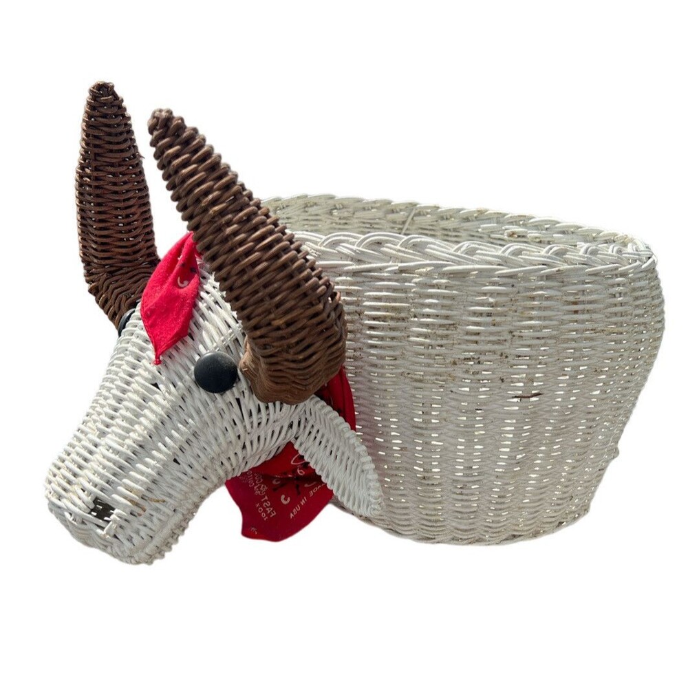 Vtg WHITE WICKER Rattan WESTERN BULL Basket LARGE Woven Planter Cottage DECOR‎